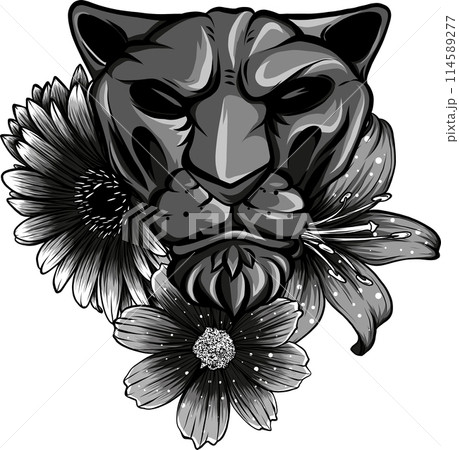 vector illustration of monochrome lion with flower on white background 114589277