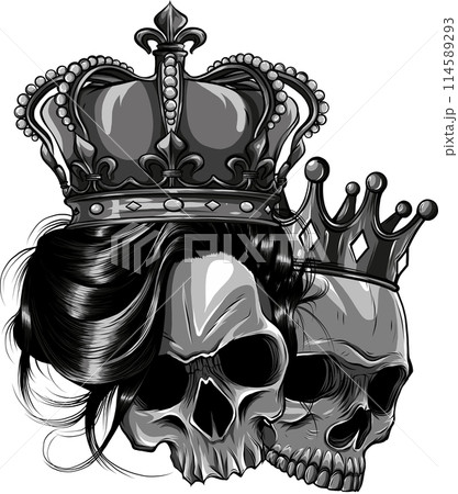 vector illustration of monochrome King and queen skull. 114589293