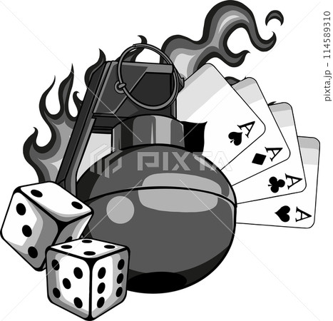 vector illustration of hand grenade with dicve and poker cards 114589310