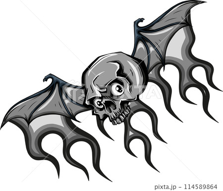 illustration of monochrome skull with bat wing on flames 114589864