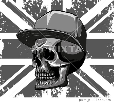 vector illustration of silhouette Angry skull with hat on uk flag 114589870