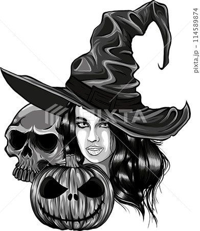 vector illustration of monochrome witch with skull and pumpkin vector illustration of monochrome witch with skull and pumpkin 114589874