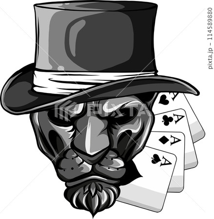 monochrome Lion with cylinder hat and poker cards 114589880