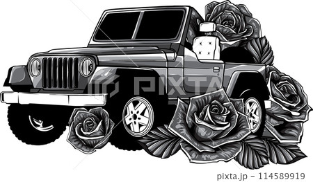 vector illustration of Monochrome off road car with roses 114589919