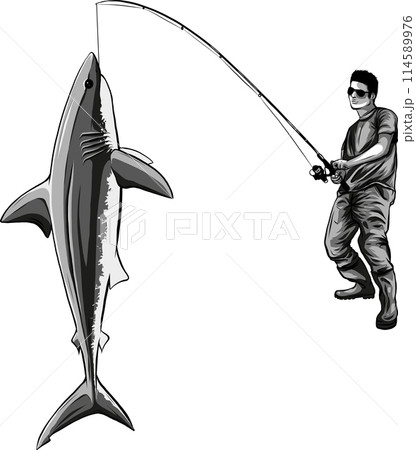 monochrome Fishing label with a shark and a fisherman in 114589976