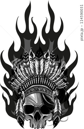 Vector monochrome illustration of stylized skull wearing native American war bonnet. 114590031