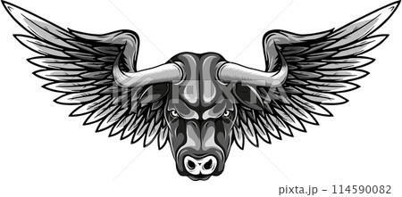 monochrome creative cow wing logo vector illustration, Winged cow ancient emblems elements monochrome creative cow wing logo vector illustration, Winged cow ancient emblems elements 114590082
