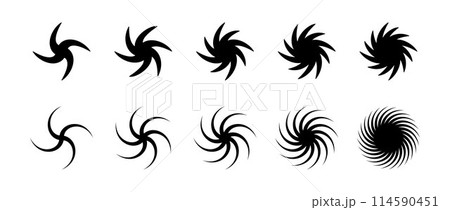 Swirl element set. Black twirling and rotating effect collection. Circular radial revolving whirlwind symbols bundle for graphic design. Twist, gyre or whirlpool rotation pack. Vector Swirl element set. Black twirling and rotating effect collection. Circular radial revolving whirlwind symbols bundle for graphic design. Twist, gyre or whirlpool rotation pack. Vector 114590451