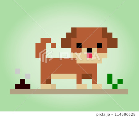 8 bit pixel of puppy with poop. Animal for asset games in vector illustrations. Cross Stitch pattern. 8 bit pixel of puppy with poop. Animal for asset games in vector illustrations. Cross Stitch pattern. 114590529