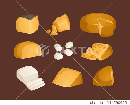 Collection of different types of cheeses. Vector illustration. Colorful and bright set in realistic style. Ideal for posters and banner, menu of cafe and shops 114590936