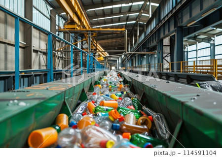 Garbage transported on conveyor belt in factory building Garbage transported on conveyor belt in factory building 114591104