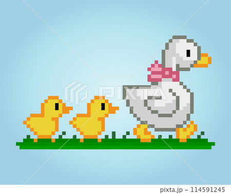 8 bit pixel parent duck and cubs. Animals pixel for game assets and cross stitch patterns in vector illustrations. 114591245