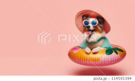 Funny dog wearing summer fashion with rubber ring on pastel background. Summer Vacation Concept. Funny dog wearing summer fashion with rubber ring on pastel background. Summer Vacation Concept. 114591394