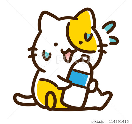 暑くてペットボトルの水を飲もうとするかわいいねこのキャラクターのコミカルなイラスト 暑くてペットボトルの水を飲もうとするかわいいねこのキャラクターのコミカルなイラスト 114591416