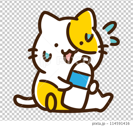 A comical illustration of a cute cat character trying to drink water from a plastic bottle because it's hot 114591416