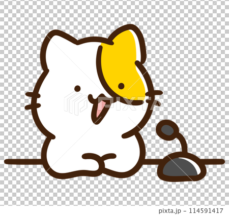 A deformed illustration of a cute cat character commenting in front of a microphone 114591417