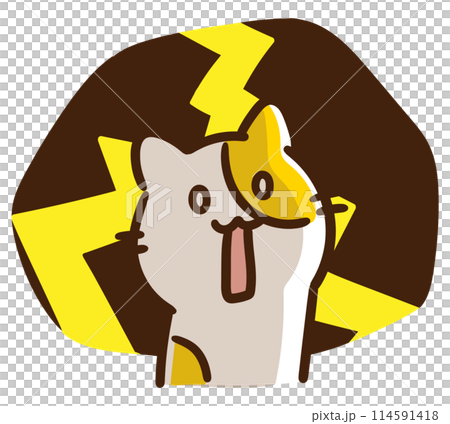 A comical illustration of a cute cat character so shocked that lightning strikes him A comical illustration of a cute cat character so shocked that lightning strikes him 114591418