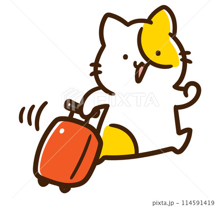 キャリーケースをコロコロ引っ張るかわいいねこのキャラクターのデフォルメイラスト 114591419