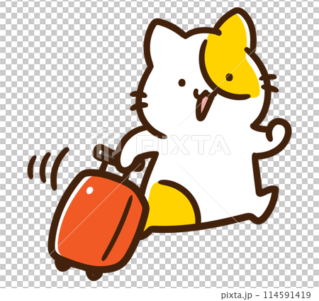 キャリーケースをコロコロ引っ張るかわいいねこのキャラクターのデフォルメイラスト 114591419