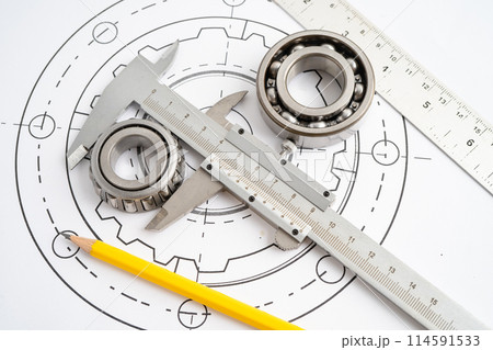 Engineering tools and mechanical industrial with vernier caliper and metal ball bering. 114591533