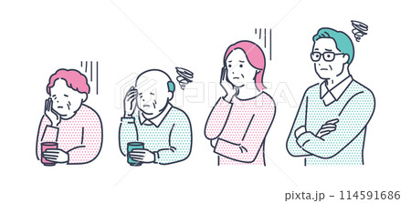 困った表情のシニア夫婦と高齢者夫婦。男女の上半身ベクターイラスト素材 114591686