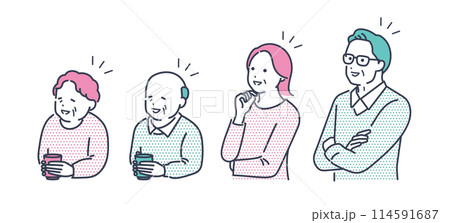 明るい表情のシニア夫婦と高齢者夫婦。男女の上半身ベクターイラスト素材 114591687