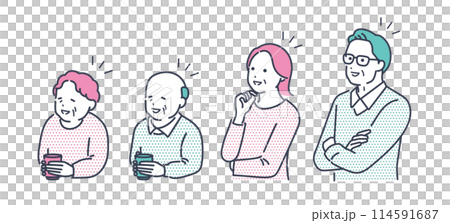 明るい表情のシニア夫婦と高齢者夫婦。男女の上半身ベクターイラスト素材 114591687