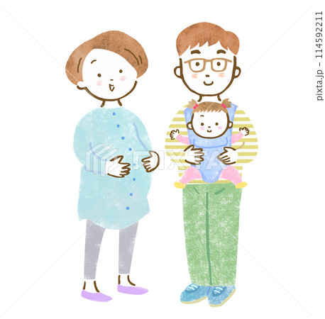 2人目妊娠中のママと長女を抱っこするパパの3人家族の手描きイラスト 114592211