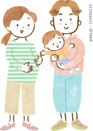2人目妊娠中のママと長男を抱っこするパパの3人家族の手描きイラスト 2人目妊娠中のママと長男を抱っこするパパの3人家族の手描きイラスト 114592213