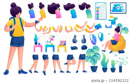 Constructor for creating a young teen girl. Create your own beautiful girl character with a set of hands and feet. Flat 2D vector illustration N2 114592222