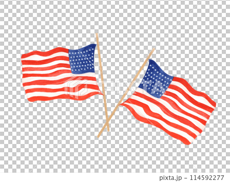 Two USA flags crossed together. Waving flag on golden flagpole. National American symbols. Memorial day, Independence day. Watercolor illustration for celebration cards, label, decor 114592277