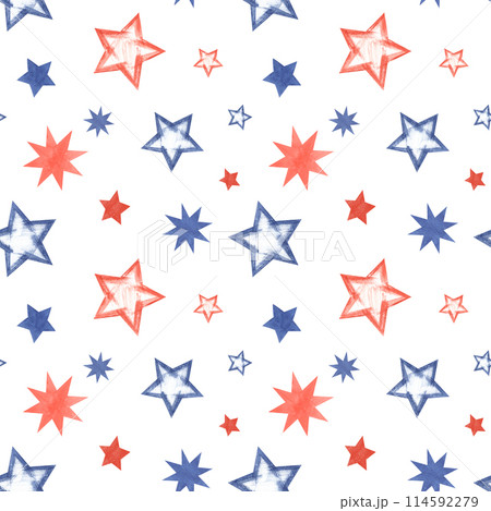 Red, blue stars in various shapes. Seamless pattern of stars in American flag colors. Celebration kid ornate. Watercolor illustration isolated on white. For party textile, wrapping, decor 114592279