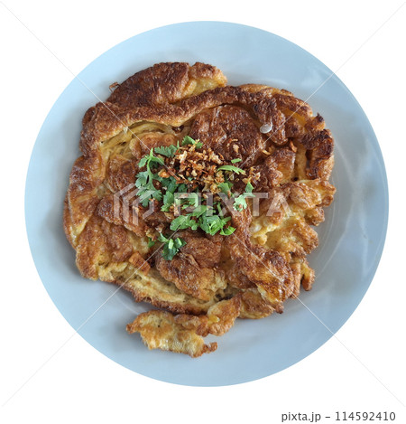 Freshly prepared Asian deep-fried crispy egg omelet. 114592410
