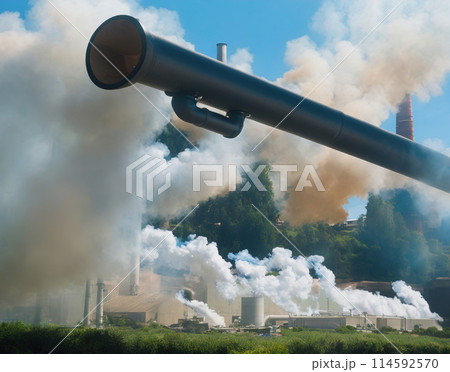 Industrial area with pipes and smoke - Generative AI 114592570