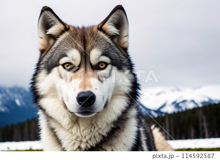 Grey Wolf face close-up in the Winter Landscape 114592587