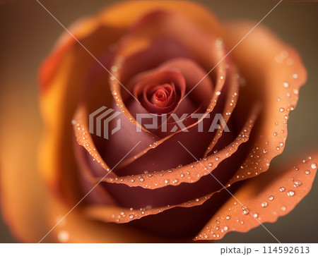 Golden Orange Rose flower peach color with raindrops macro close-up 114592613