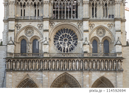 Exterior architecture of Famous Notre Dame de Paris cathedral. 114592694