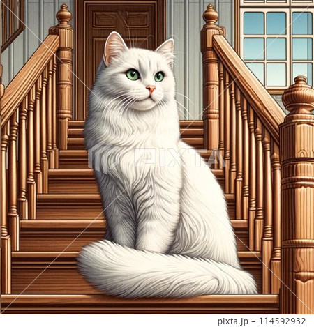 階段の上の白猫 114592932