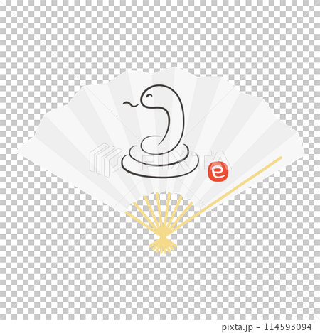 2025年 巳年の年賀状 とぐろを巻いた蛇のイラストと朱印の白い扇子 114593094