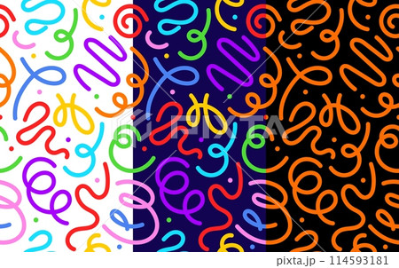 Kids holiday squiggle line pattern. Vector vibrant, playful and colorful squiggly doodle curves across of white, blue and black vertical backgrounds. Childish party print, creative confetti ornament 114593181