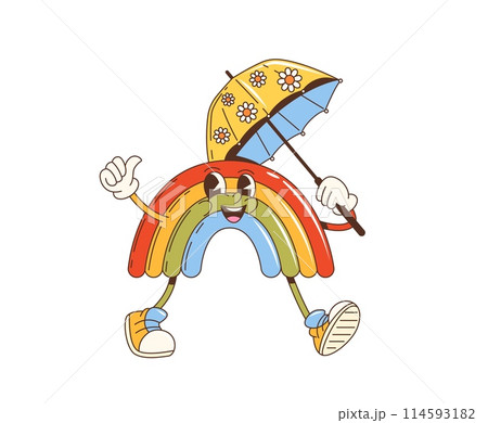 Cartoon groovy rainbow character with umbrella. Isolated vector joyful, colorful, vibrant heavenly arch personage, radiating carefree spirit of 1960s psychedelic aesthetics and rainy weather forecast 114593182