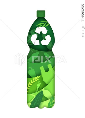 Recycle bottle paper cut silhouette for eco recycling and ecology environment, vector banner. Plastic garbage recycling or biodegradable package concept, papercut bottle with wastes and recycle sign 114593235