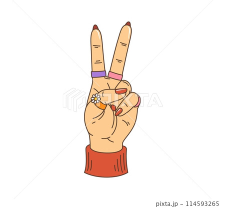 cartoon retro groovy hippie female character hand showing peace sign, adorned with blossom ring and colorful nails. Isolated vector woman palm shows victory gesture, exuding vintage flower power vibe 114593265