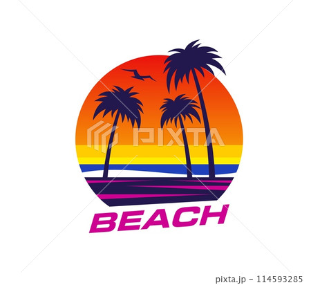 Summer tropical sunrise at island beach vector icon with palm trees, ocean waves, red sky and rising sky. Summer tropical vacation or travel symbol, island resort beach with palms and bird silhouettes Summer tropical sunrise at island beach vector icon with palm trees, ocean waves, red sky and rising sky. Summer tropical vacation or travel symbol, island resort beach with palms and bird silhouettes 114593285