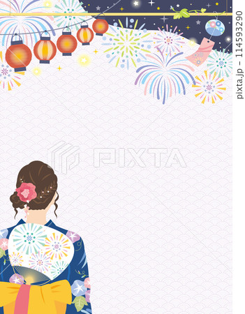 浴衣姿の女性と夏祭りの背景イメージ 花火 縦 浴衣姿の女性と夏祭りの背景イメージ 花火 縦 114593290