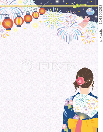 浴衣姿の女性と夏祭りの背景イメージ　花火　縦 114593292