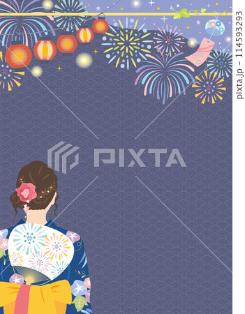 浴衣姿の女性と夏祭りの背景イメージ 花火 縦 浴衣姿の女性と夏祭りの背景イメージ 花火 縦 114593293
