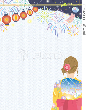 浴衣姿の女性と夏祭りの背景イメージ　花火　縦 114593297