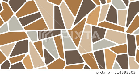 Brown mosaic stone tile pattern, splinter paving floor background. Rock wall, pavement or road sidewalk vector texture with abstract geometric ornament of flagstone slabs, gravel, cobblestone mosaic 114593303