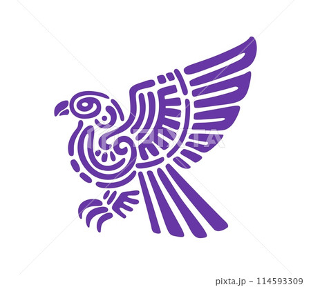 Aztec totem eagle bird or Mayan and Inca tribal symbol, vector sacred deity. Ancient Mexican, Aztec and Maya tribe totem of vulture or eagle, ritual symbol and mythology or religious idol for tattoo 114593309